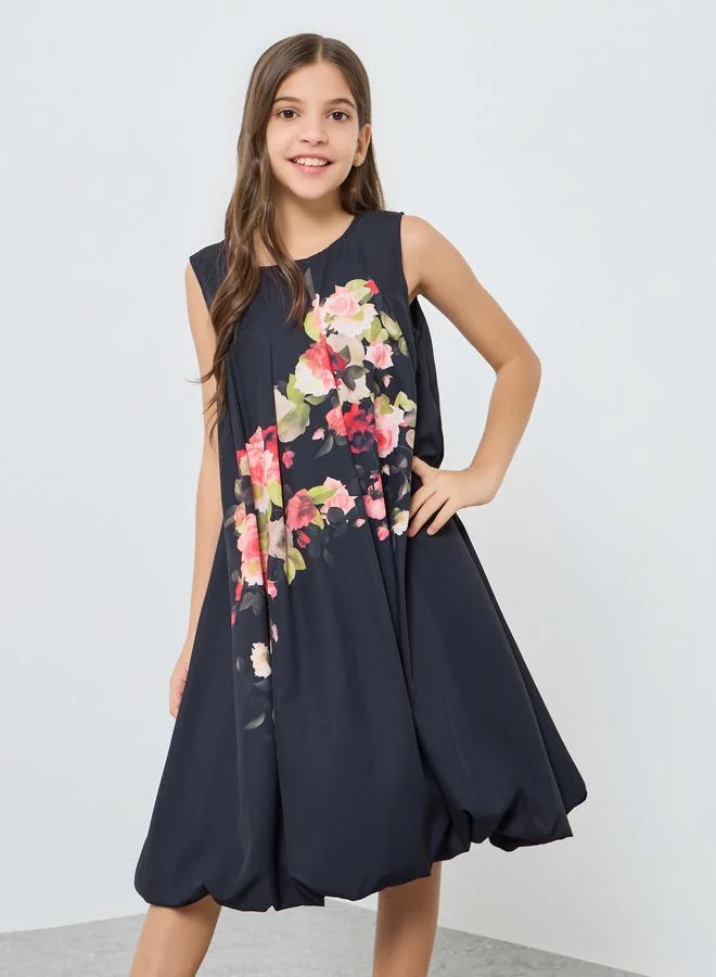 Styli Girls Floral Print Balloon Hem Knee-Length Dress